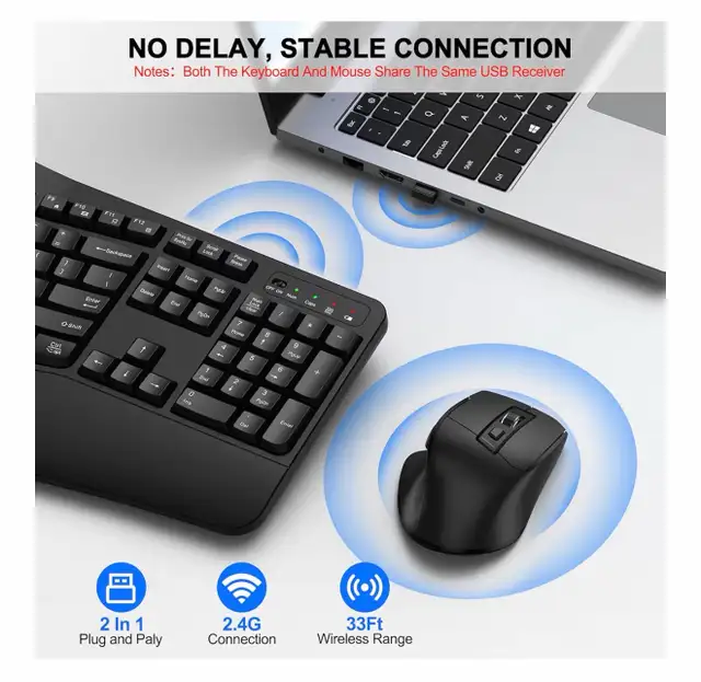 Wireless Keyboard and Mouse Combo, 2.4G Full Size Wave Keys Ergo in Mice, Keyboards & Webcams in Mississauga / Peel Region - Image 6