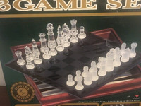 Vintage Classic Wood And Glass 3 Game CHESS BACKGAMMON CHECKERS