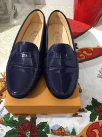 Tod's Blue Patent Leather Penny Slip On Loafers (Women’s )