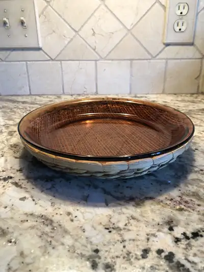 Vintage Anchor Hocking Harvest Amber Pie Plate in Woven Basket, View more