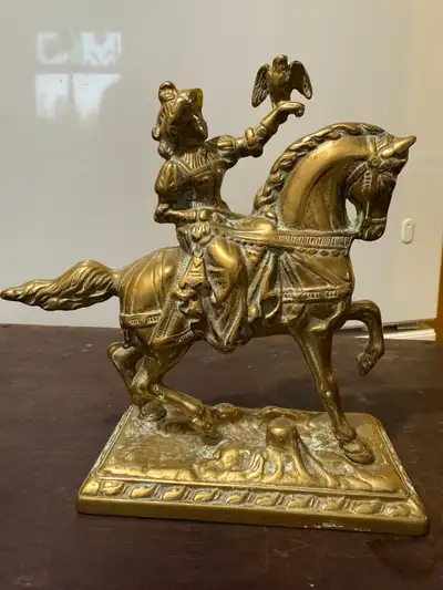 Vintage MCM Brass Ornate Equestrian Side Saddle Hawk Falcon Lady Figurine. She is 7.5"x7.5"x3". Ther...