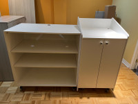 White podium with cabinet, and matching 3-storage shelf/storage 