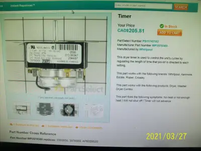Brand New Timer  Whirlpool & Kennmor Dryer, View more