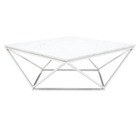 White Marble Coffee Table w   Polished Stainless Steel   Base
