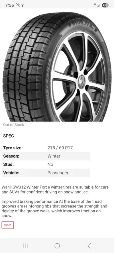 Set of 4 used winter tires Wanli SW312 WinterCross 215/60 R17 Used for 1 winter season Lots of tread...