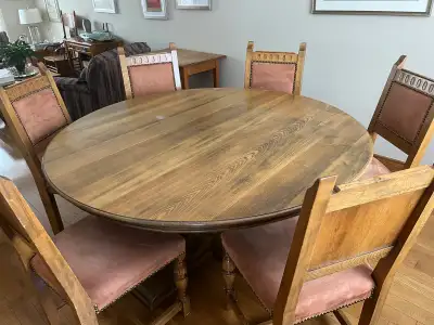 1970s British Tudor Revival Solid Oak 9-Piece Round Dining Set, View more