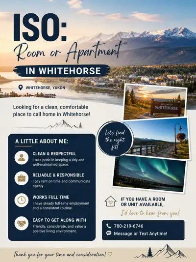 Looking for a room or apartment in Whitehorse (ASAP) Hi! I recently relocated from Edmonton to White...