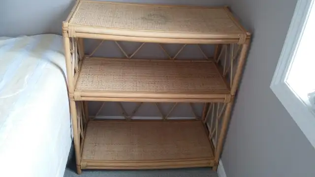 Vintage BOHO 3-Tier Bamboo & Wicker Shelf – Like New, Must Go! in Bookcases & Shelving Units in London - Image 5