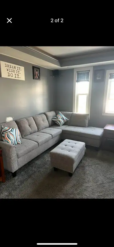 Purchased, used for a month, too small for the area I need it in. Comes with ottoman and 2 pillows.