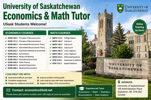 I'm University of Saskatchewan Economics, Math &Statistics Tutor