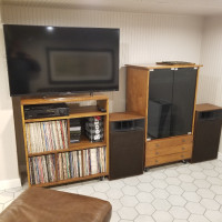 Record storage and TV stand cabinet on wheels.