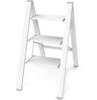 3 Step Ladder, Foldable Aluminum Step Stool, Lightweight, White