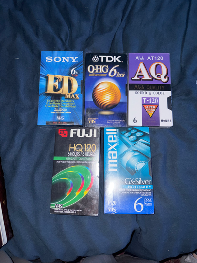 Selling a lot of 5 blank VHS tapes Includes: Sony T-120 EDE TDK QHG T-120 Alak T-120 Fuji HQ T-120 M...