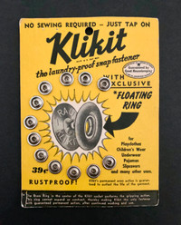 VINTAGE KLIKIT LAUNDRY PROOF SNAP FASTENER DISPLAY CARD