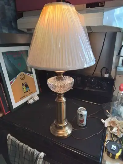 Vintage Brass and Glass Table Lamp with Pleated Shade, View more
