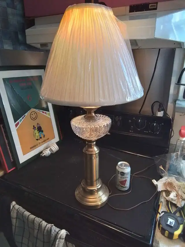 Vintage Brass and Glass Table Lamp with Pleated Shade in Indoor Lighting & Fans in City of Toronto - Image 2