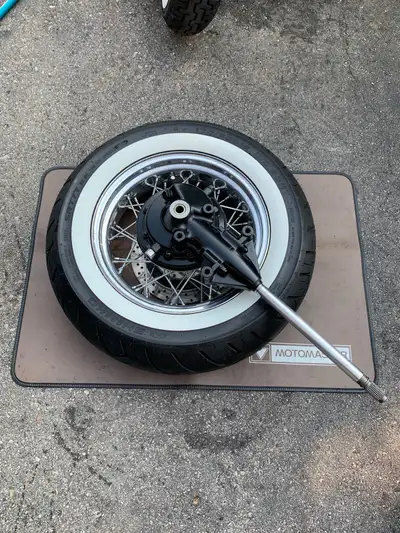 Yamaha VStar1100 Classic Spoke Rear Rim with BRAND NEW Shinko SR777 whitewall tire complete w/ beari...