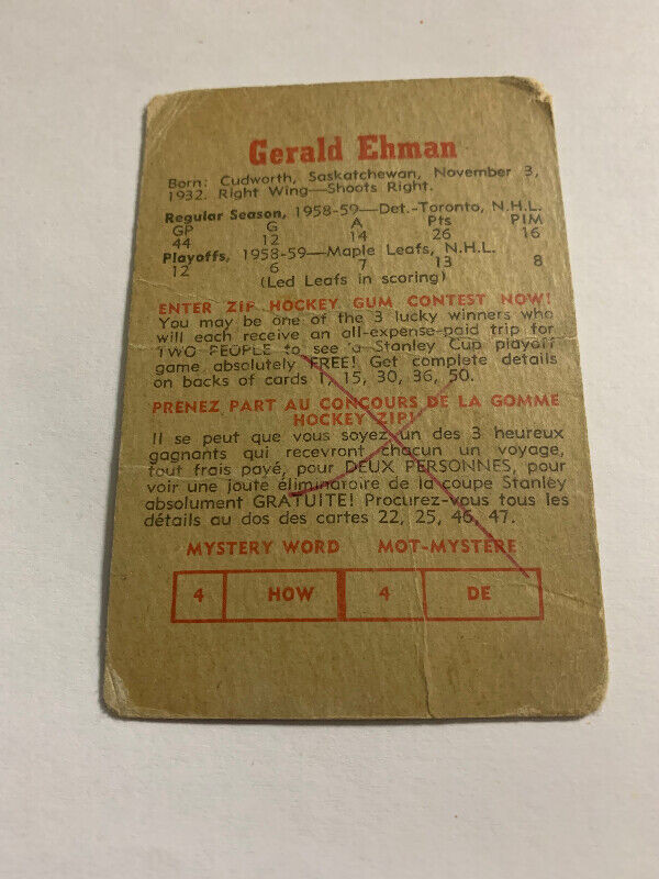 1959-60 Parkhurst Hockey Card#19 Toronto Maple Leafs Gerry Ehman dans Art et objets de collection  à Longueuil/Rive Sud - Image 2