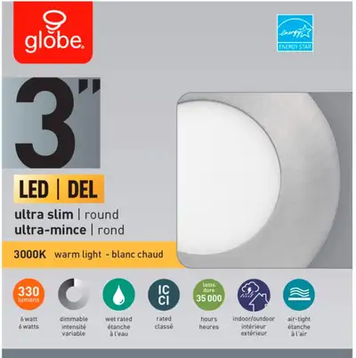 $275 for 25 units or $15 each BRUSHED NICKEL Globe Ultra-Slim Round LED Recessed Lighting Kit with r...