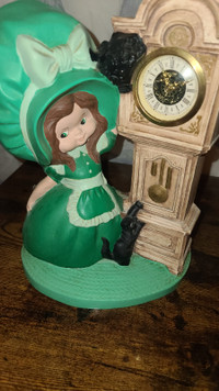 German DIANE Wind-Up Ceramic Bonnet Girl & Cat Grandfather Clock