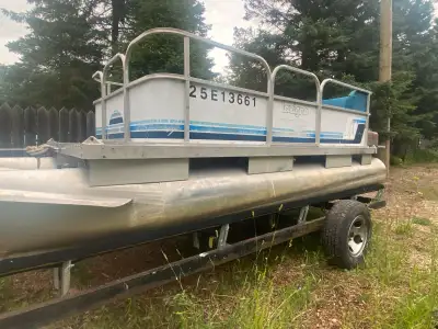 Mini pontoon for sale Deck is 6’x12’ 25 hp motor 19”diameter pontoons Comes with trailer Try your qu...