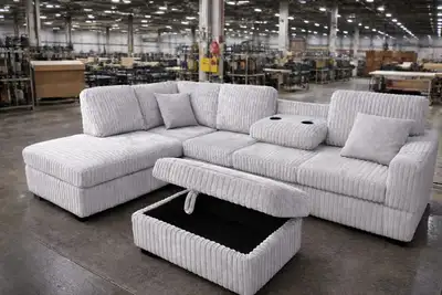 Premium White Corduroy Sofa | 6 Seater | Ottoman & Cups , View more