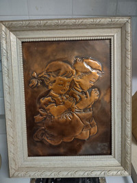 Vintage Framed copper carved picture