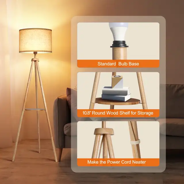 OUTON Tripod Floor Lamp Wood with Shelves in Indoor Lighting & Fans in Markham / York Region - Image 3