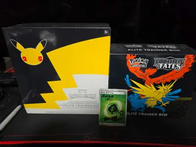 Up for sale is a few singles and 2 etbs, Hidden Fates and Pokémon Center Celebrations. Please messag...