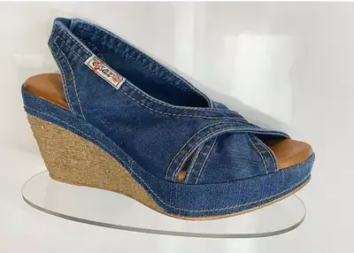 Y2K Denim Wedge Platform Sandals US 5.5 Sling Back Heels Blue 20, View more