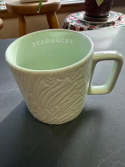 - Starbucks mint green raised pattern mug with rectangular handle - Issued 2022 - Used, but clean, a...