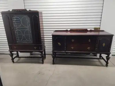 Antique Jacobean-style Walnut China Cabinet & Buffet, View more