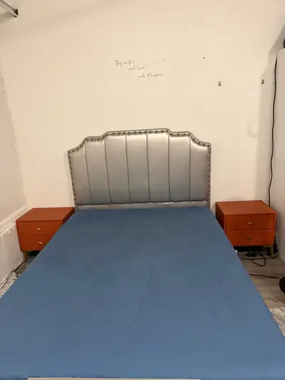 Queen bed with mattress and 2 side tables, View more