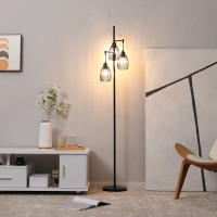 Industrial Floor Lamp with 3 Hanging Wire Lampshades, Dimmable S