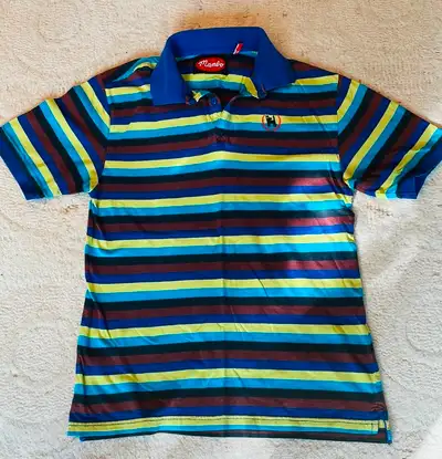 Mens Mambo polo shirt Blue/brown/green stripes Size Small but fits more like a medium Collect from B...
