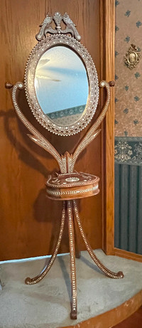 Anglo Indian Bone Inlaid Vanity or Chevelle Mirror on Stand
