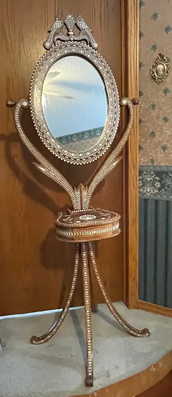 Anglo Indian Bone Inlaid Vanity or Chevelle Mirror on Stand, View more