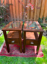 Pair of Walnut Side Tables- 1 Drawer, 2-Tier, Glass on Top.