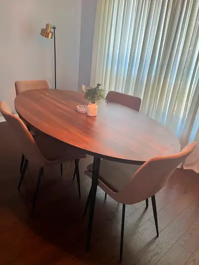 Structube solid wood dining table and four suede chairs for sale, View more