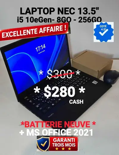 LAPTOP NEC 13.5"- i5 10eGen- 8GO- 256GO NVMe- HDMI, View more