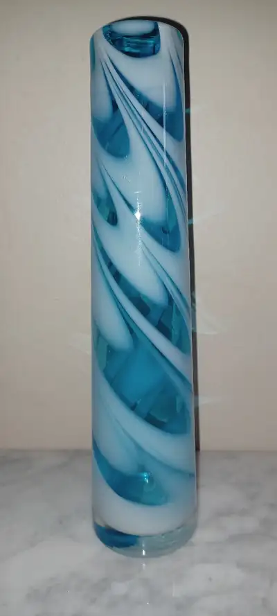 12"T CYS Excel Glassware Hand-blown Aqua & White Swirl Art Vase, View more
