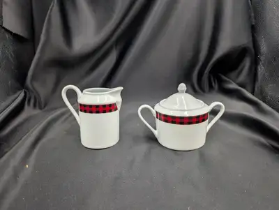 Vintage Black and Red Plaid Cream and Lidded Sugar Bowl Set, View more