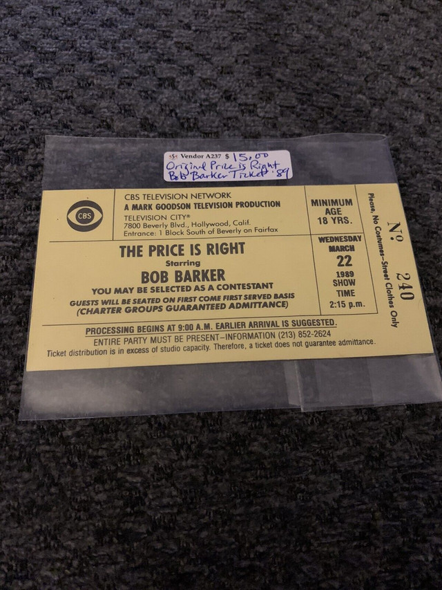 Price is Right Bob Barker ORIGINAL TICKET CBS Showcase 320 in Arts & Collectibles in Edmonton