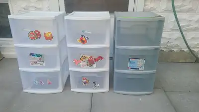 $15 each. 14 inches long by 14 inches wide by 24 inches high These three Sterilite 3-drawer storage...