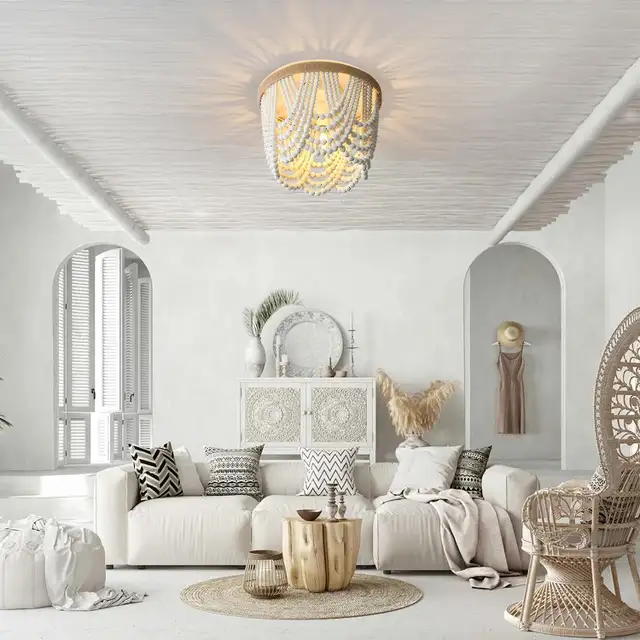 White Boho 3-Light Bead Chandelier - Wood Beaded Ceiling Fixture in Indoor Lighting & Fans in Mississauga / Peel Region - Image 4