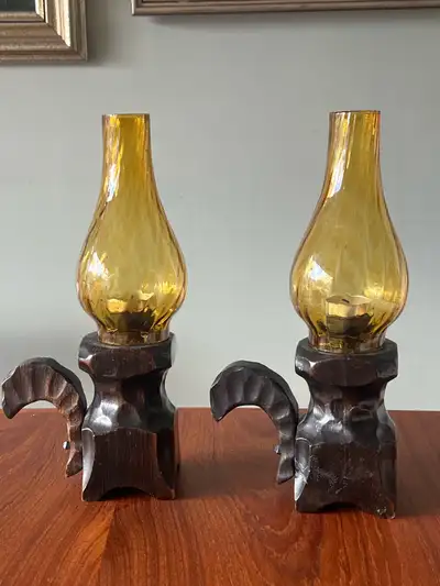 Pair of vintage MCM brutalist hurricane candle lamps, View more
