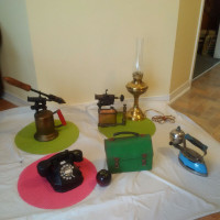 ANTIQUE PHONE , LUNCH BOX, BRASS TORCH*SEE EACH PRICE