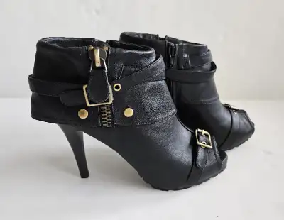 Women's Platform Open Toe Ankle Bootie, featuring: Black, soft leather Ankle bootie with open-toe De...