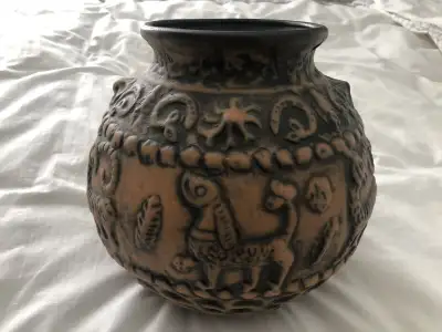Mid Century West German Art Pottery by Jasba Keramikfabriken. This aztec fat lava pattern features d...
