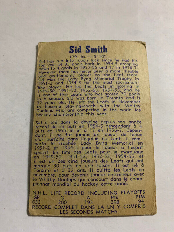1957-58 Parkhurst Hockey Card#10 Sid Smith Toronto Maple Leafs dans Art et objets de collection  à Longueuil/Rive Sud - Image 2